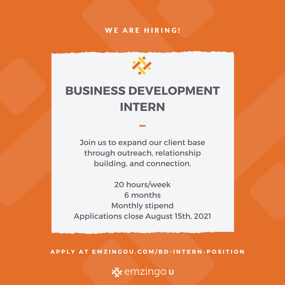 💥 WE'RE HIRING! 💥

Emzingo|U is looking for a Business Development Intern to start September 27th. It's a 20 hour per week paid internship This is a fully remote internship preferably located in Denver, Colorado, USA. Join our team! 
buff.ly/3kY4W9R