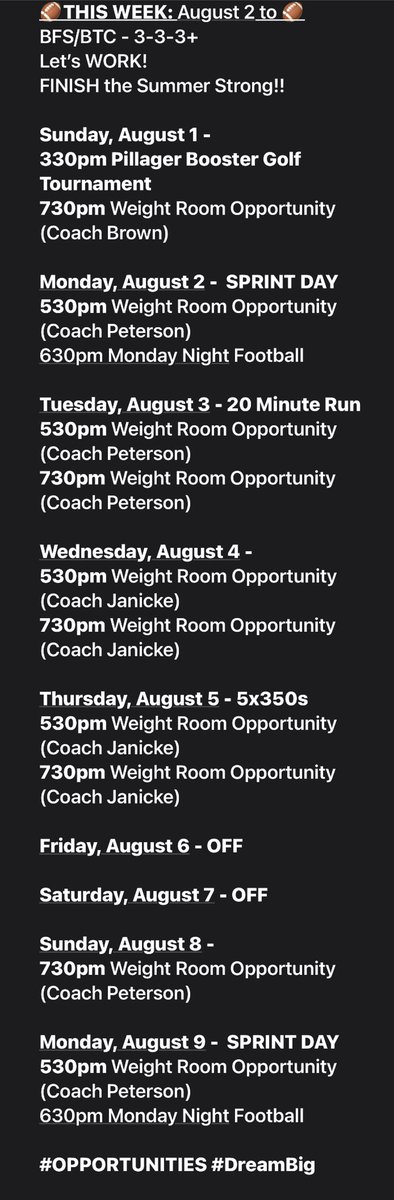 PillagerFB's tweet photo. This Week in Pillager Huskies Football 2021 - August 1 to 9…Monday Night FB…Let’s FINISH the summer STRONG…take advantage of all Opportunities to get better...accept the challenge...Go Huskies!! #FAMILY #WePullTogether #DreamBig #INVEST https://t.co/18lHj2pm0W