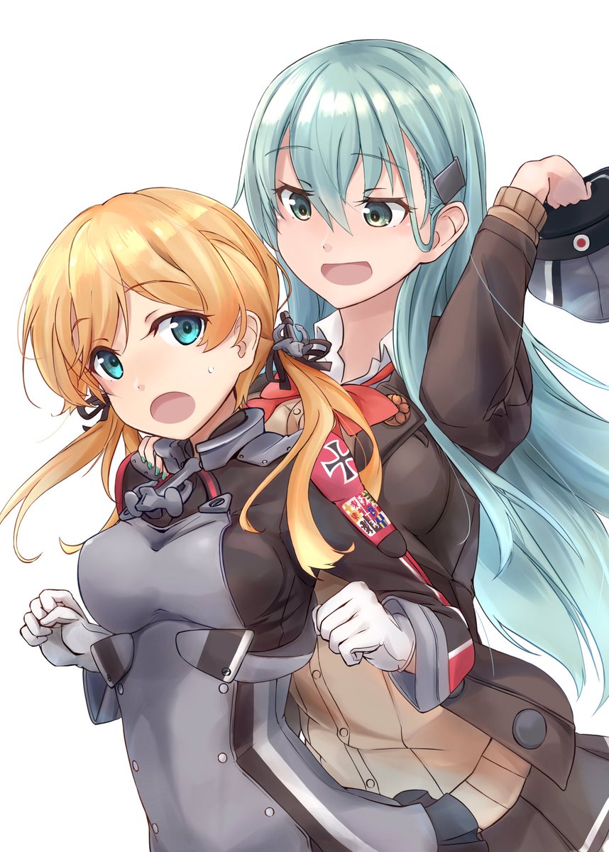 prinz eugen (kancolle) ,suzuya (kancolle) multiple girls 2girls blonde hair twintails hair ornament aqua eyes peaked cap  illustration images