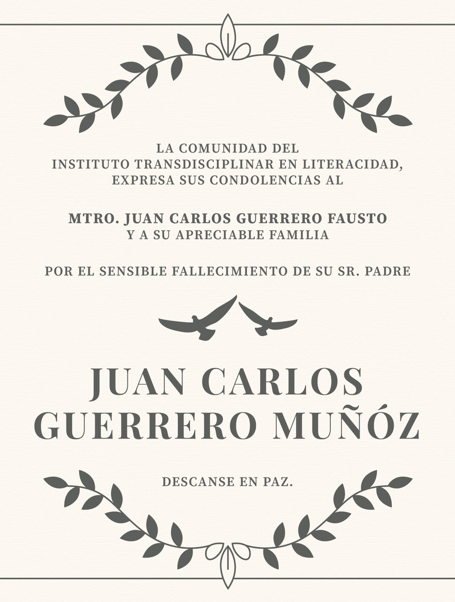 En el ITRALI enviamos nuestras más sinceras condolencias al Mtro. Juan Carlos Guerrero Fausto, Abogado General de la UdeG. Por el sensible fallecimiento del Sr. Juan Carlos Guerrero Muñóz.
¡Descanse en paz! 🙏🏽