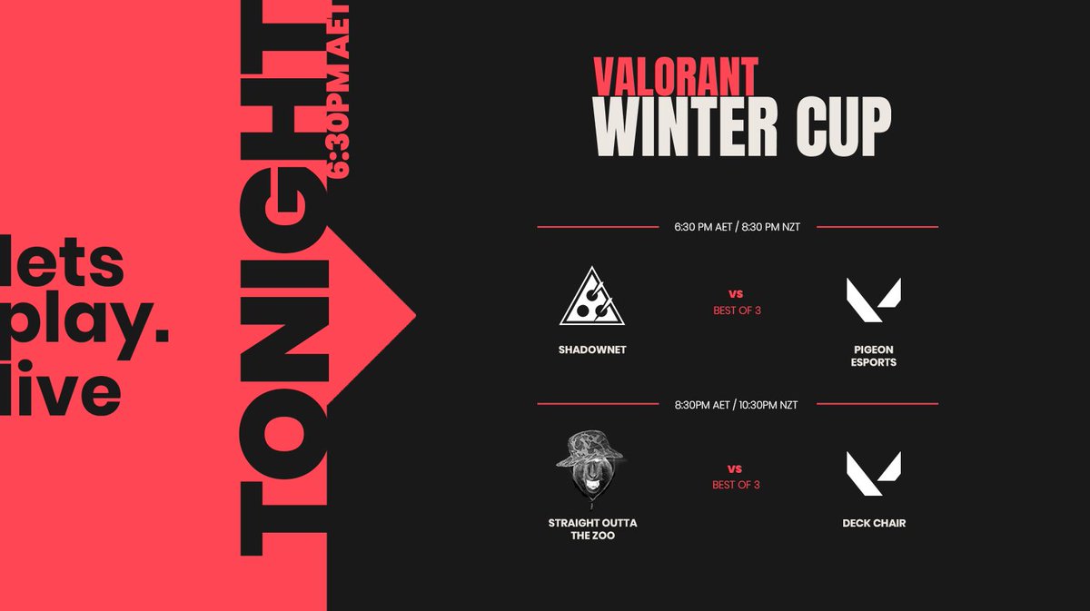 letsplayliveGG's tweet photo. LPL Valorant Legends continues tonight with the start of the Valorant Winter Cup ❄️

Week 1 Day 1:
@ShadownetGG 🆚 Pigeon Esports
@SotZval 🆚 Deck Chair

💬 @TwoTapTony

⏰ 6:30PM AET / 8:30PM NZT
📺 https://t.co/T6bfYmCO5z

#LPLVALORANT https://t.co/d4uNt1vkIj