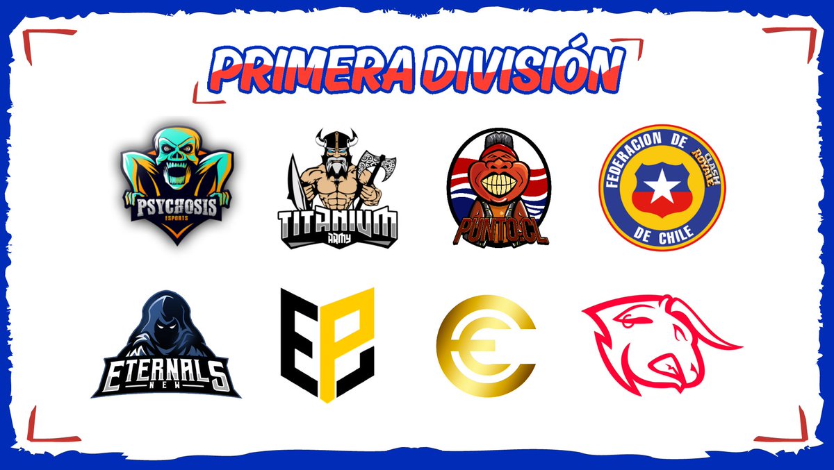 Liga Chilena Fruna (@ligafruna_cl) on Twitter photo #LCHF | Primera división ⚔️
Los 8 equipos que conforman la división de honor.
- <a href="/Psys_eSports/">Psychosis eSports 💀</a>
- <a href="/TitaniumArmyGG/">⭐ Titanium Army ⭐</a>
- <a href="/LaRojaCR/">Generación Dorada CR🇨🇱</a>
- @PUNTOCL_PBM
- <a href="/NEternals/">New Eternals</a>
- <a href="/PlatinumCR_/">Platinum Esports</a>
- <a href="/CE_eSportsGG/">CE Esports 🏆</a>
- <a href="/BullStars_/">𝗕𝘂𝗹𝗹𝗦𝘁𝗮𝗿𝘀™</a>
¿Quien será el nuevo campeón? 🇨🇱🇨🇱🇨🇱 #LCHF | Primera división ⚔️
Los 8 equipos que conforman la división de honor.
- <a href="/Psys_eSports/">Psychosis eSports 💀</a>
- <a href="/TitaniumArmyGG/">⭐ Titanium Army ⭐</a>
- <a href="/LaRojaCR/">Generación Dorada CR🇨🇱</a>
- @PUNTOCL_PBM
- <a href="/NEternals/">New Eternals</a>
- <a href="/PlatinumCR_/">Platinum Esports</a>
- <a href="/CE_eSportsGG/">CE Esports 🏆</a>
- <a href="/BullStars_/">𝗕𝘂𝗹𝗹𝗦𝘁𝗮𝗿𝘀™</a>
¿Quien será el nuevo campeón? 🇨🇱🇨🇱🇨🇱