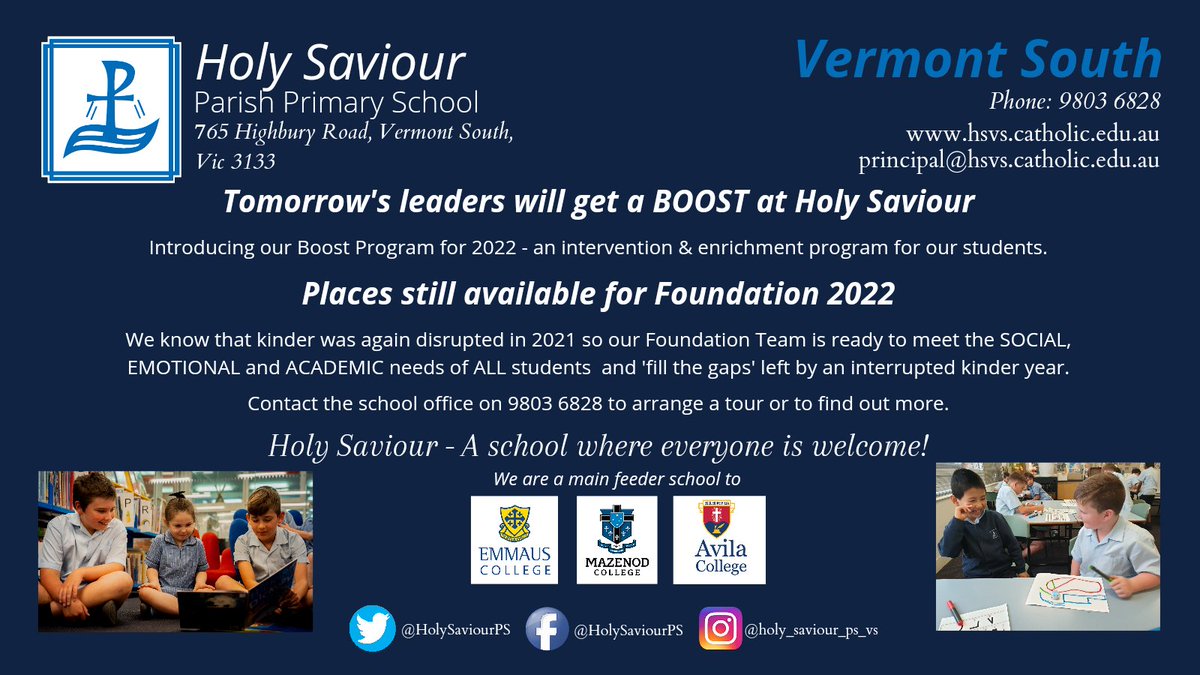 HolySaviourPS's tweet photo. Introducing our Boost Program - an intervention &amp; enrichment program for our students. Enrolments are still open for 2022, contact us to find out more. #Enrolments #JoinOurCrew #Prep2022 #Foundation2022 #cityofmonash #whitehorsecc #primaryschool #school #vermontsouth @CEMelbourne https://t.co/n4rBwrNKYU
