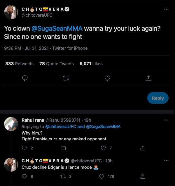 Chito Vera calls out Sean O'Malley. Also reveals Dominick Cruz declined to fight him & Frankie Edgar also seemingly not interested. Follow Us on Instagram : https://t.co/fZIbFZUG3l
#UFCvegas19 #UFC259 #UFC260 #UFCFightnight #MMA #UFC https://t.co/7ZI54sJMLi