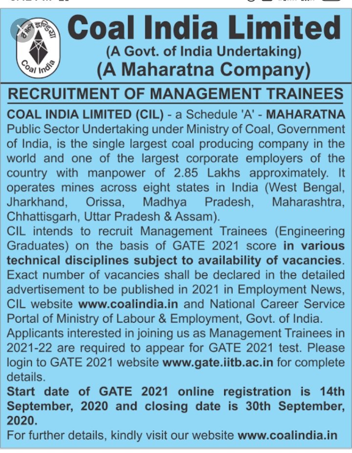 RamRukhaman's tweet photo. Nearly 6000 mining graduate students appear in gate 2021 with dream of coal India limited
By paying 1500-2000₹ fee also, but after 1 year of 1st notification there is no information about CIL Mt vacancy
#Reimbursement_Of_Cil_Mt_2019_Due
#Release_CIL_MT_2021_Vacancy
@CoalIndiaHQ https://t.co/QzIAwFWcLr