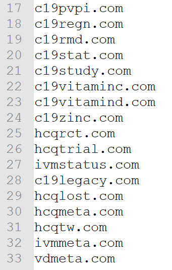 c19pvpi.com
c19regn.com
c19rmd.com
c19stat.com
c19study.com
c19vitaminc.com
c19vitamind.com
c19zinc.com
hcqrct.com
hcqtrial.com
ivmstatus.com
c19legacy.com
hcqlost.com
hcqmeta.com
hcqtw.com
ivmmeta.com
vdmeta.com