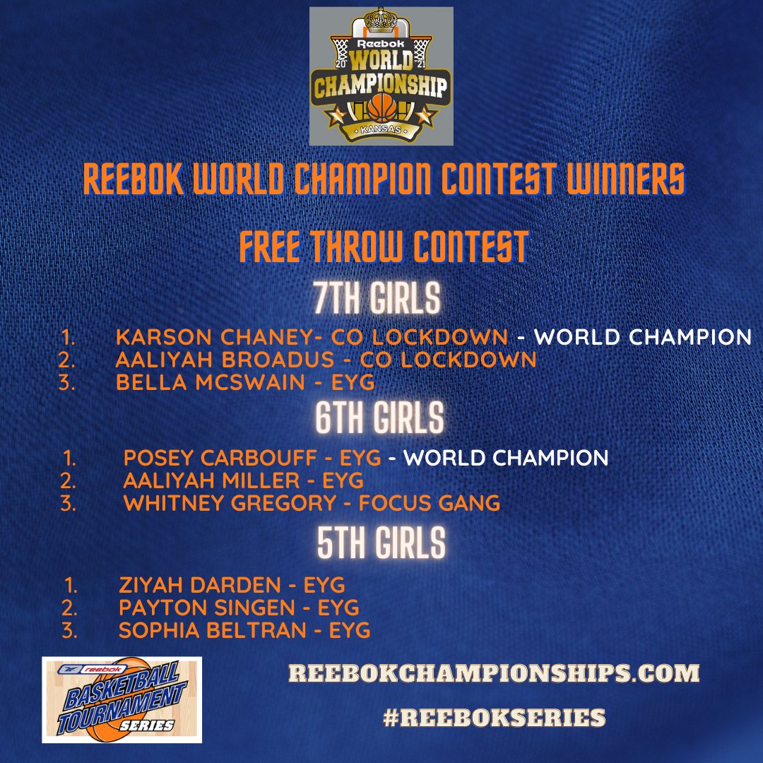 Congratulations to our Free Throw World Champions and other top winners from the 7th, 6th and 5th Grade Girls Divisions!

Check out ReebokChampionships.com for more highlights from the Reebok World Championships! #ReebokSeries