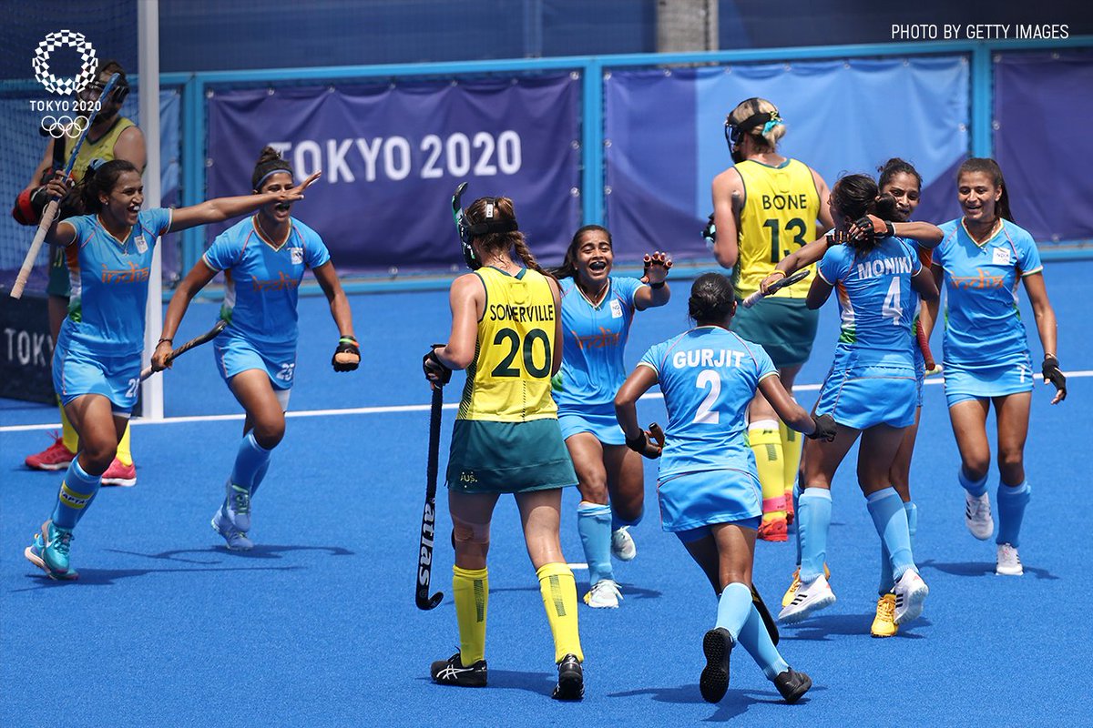 🇮🇳 HISTORY HAS BEEN MADE!!! 🙌

#IND beat and knock out world no. 2 #AUS in the quarter-final match of women’s #hockey by 1-0 to seal their spot in SEMI-FINAL for the first time ever! 😍👏

#Tokyo2020 | #StrongerTogether | #UnitedByEmotion