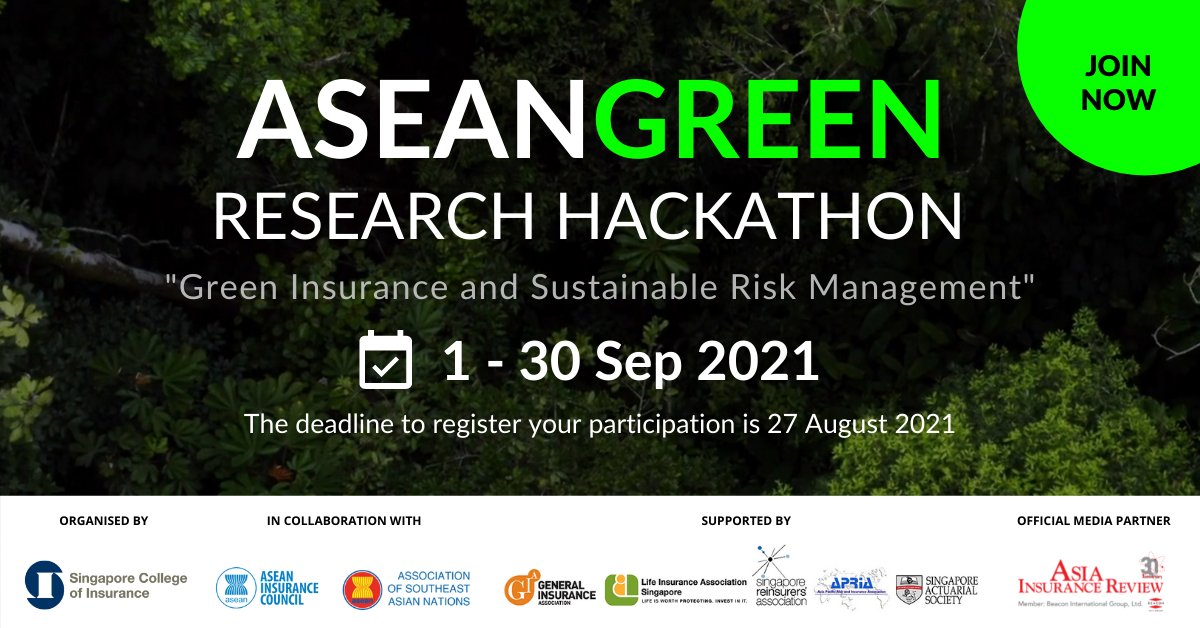 AIReDaily's tweet photo. The Singapore College Of Insurance  is organising the first-ever ASEAN research hackathon on green insurance and sustainable risk management, in collaboration with the @AICSecretariat.

Register your interest today: https://t.co/YUyQsVY7mS https://t.co/JHg94Act1K