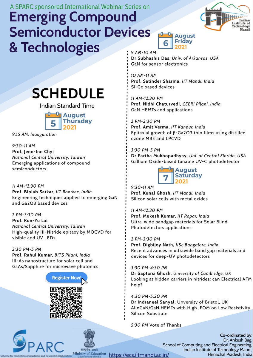 iit__mandi's tweet photo. SPARC-sponsored International Webinar Series on Emerging Compound #Semiconductors  Devices and Technologies (ECS2021) from 5th Aug-7th Aug 2021 at #IITMandi

@IndiaDST @AAS_IITMandi @mhrd_innovation @EduMinOfIndia #semiconductordevices @iit__mandi https://t.co/U0NoXOYGkq