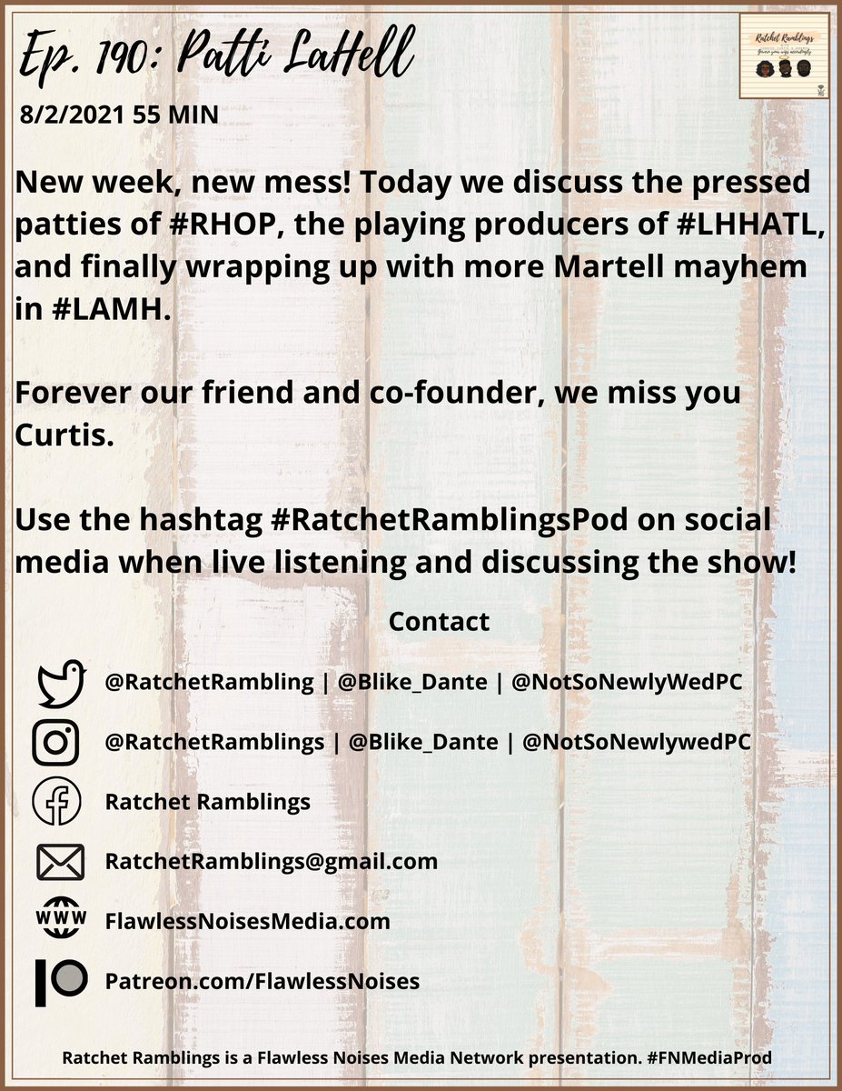 RatchetRambling's tweet photo. 🎤NEW EPISODE🎤
Ep. 190: Patti LaHell
This week @NotSoNewlywedPC & @Blike_Dante tell the producers of #LHHATL to stop playin with us!
Apple Podcasts:
https://t.co/cZzbzw7tq8
Spotify:
https://t.co/Gmnp2sscGW
Other platforms:
https://t.co/dxufFONSS5
#Married2Med #FNMN #LHHATL https://t.co/cQ2oc9wO1x