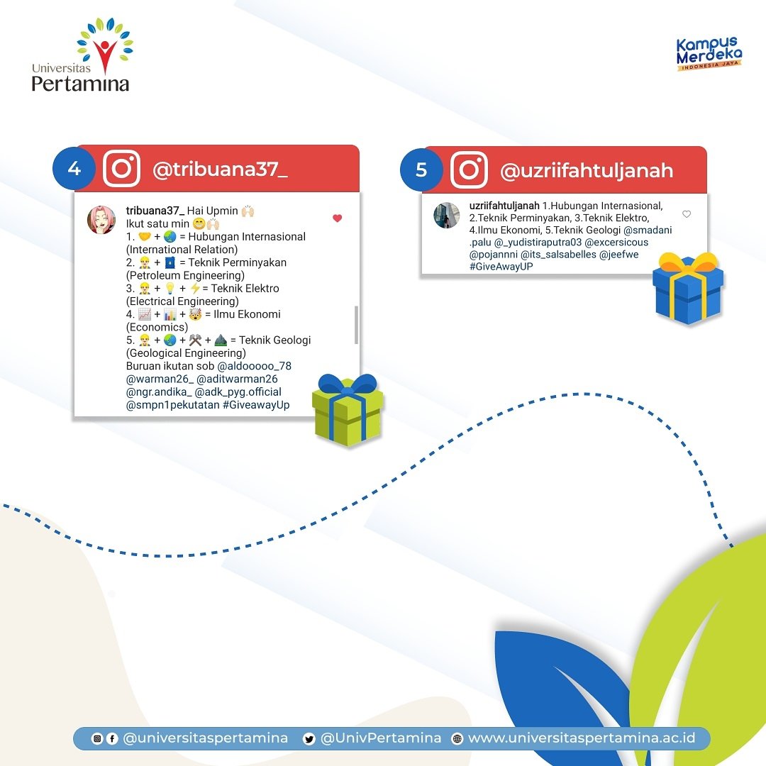 UnivPertamina's tweet image. Pengumuman!

Selamat kepada para pemenang #kuis tebak #programstudi yang ada di #UniversitasPertamina tanggal 26 Juli 2021 🎉🎉

Bagi para pemenang, silahkan kirim bukti kepemilikan akun melalui no UPmin yang tertera pada linkt.ree pada bio.