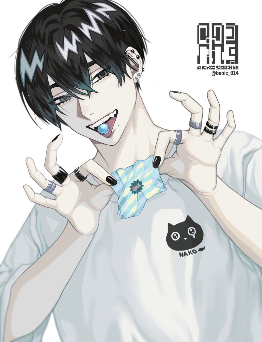 1boy male focus ring black hair piercing solo jewelry  illustration images
