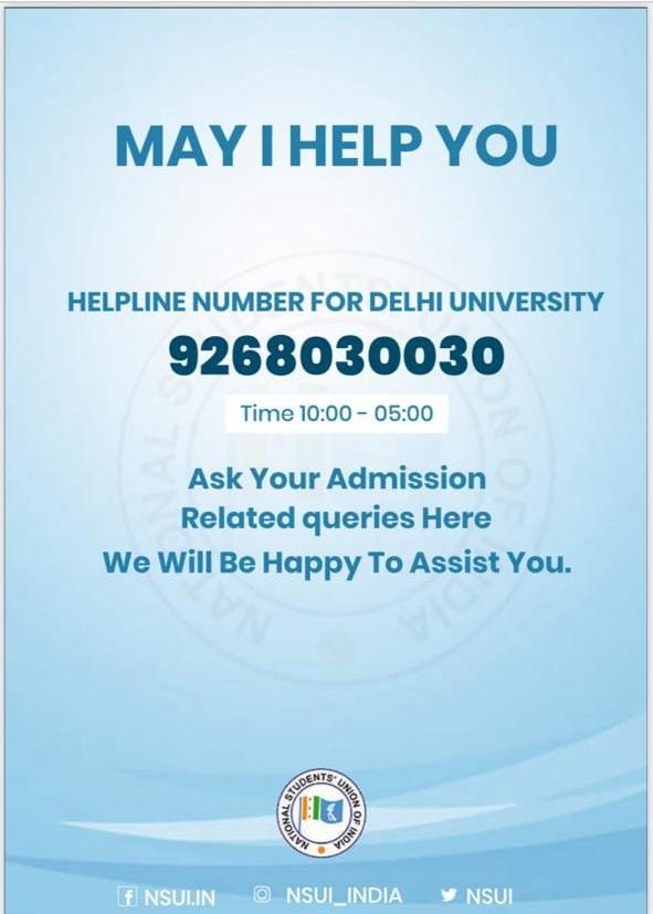 IzharRHussain's tweet photo. NSUI has launched helpline number for any kind of information related to the admission process of Delhi University. Students can find the solutions of their problems by calling on this no. 9268030030. #NSUI4Students 
@nsui @Neerajkundan @Kunalsehrawat8 @adityabhagatcg @neuroayush https://t.co/NHIvO9RSNF