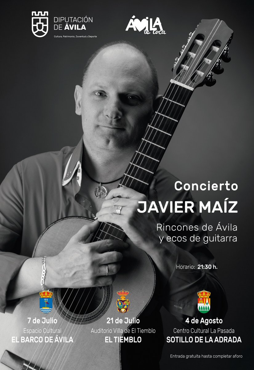 aytosotillo's tweet photo. CONCIERTO DE JAVIER MAIZ
Rincones de Ávila y Ecos de Guitarra 
📆Miércoles 4 de agosto
🕘21:30h
👉 Centro Cultural La Pasada de #sotillo 
Con el patrocinio de la @dipuavila 
ℹ️ Imprescindible invitación, retírala gratuitamente en la Oficina de Turismo
#InspirarteSotillo https://t.co/bb1JacqM6k