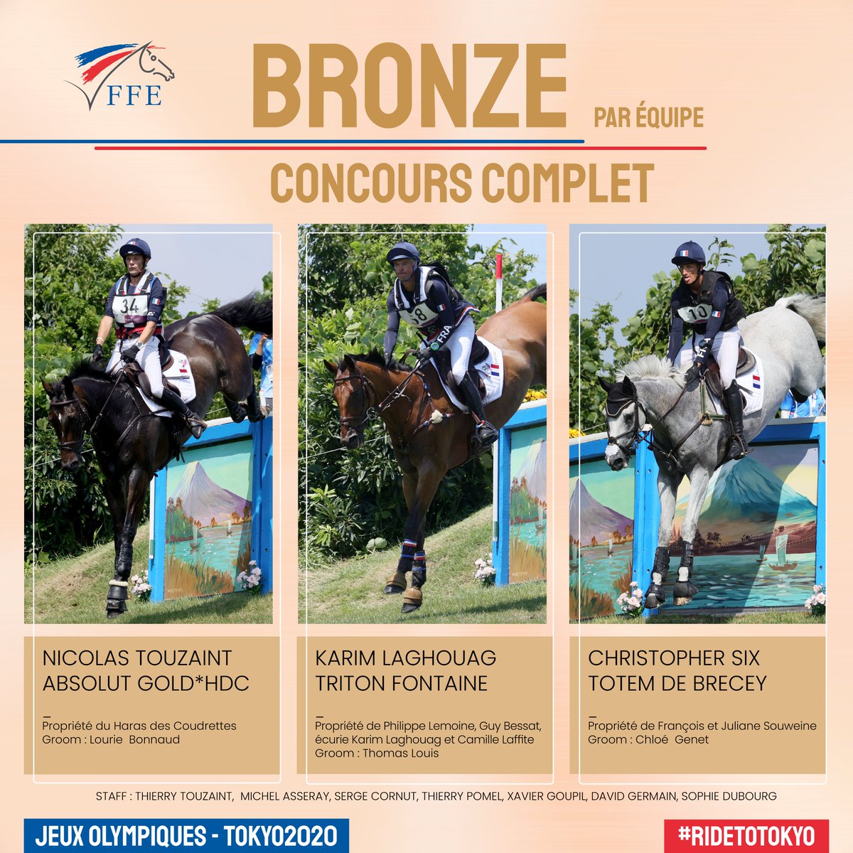 #RideToTokyo MAGNIFIQUE !!! 🔥Les Bleus sont médaillés de bronze aux JO de @tokyo2020. 🥉 💪🐴🇫🇷 Bravo à Christopher Six & Totem de Brecey, @KarimLaghouag & Triton Fontaine et Nicolas Touzaint & Absolut Gold*HDC. Les 3 Français repartiront dans la finale individuelle dès 13h45.