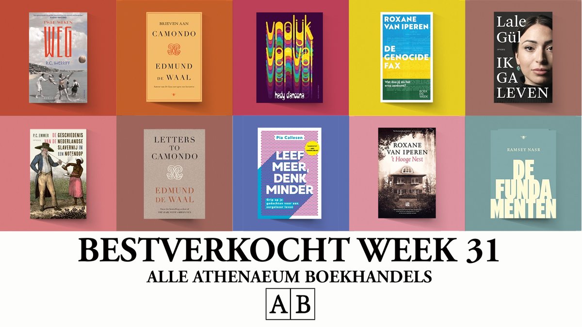 R.C. Sherriffs klassieker Twee weken weg staat nu op 1! Meer bestverkocht: 2. & 7. De Waal, 3. D'Ancona, 4. & 9. @RoxanevanIperen, 5. Gül, 6. Emmer, 8. @MetaPiaC Callesen, 10. Nasr. Bekijk de lijstjes, lees meer & bestel op athenaeum.nl/boekentop10/