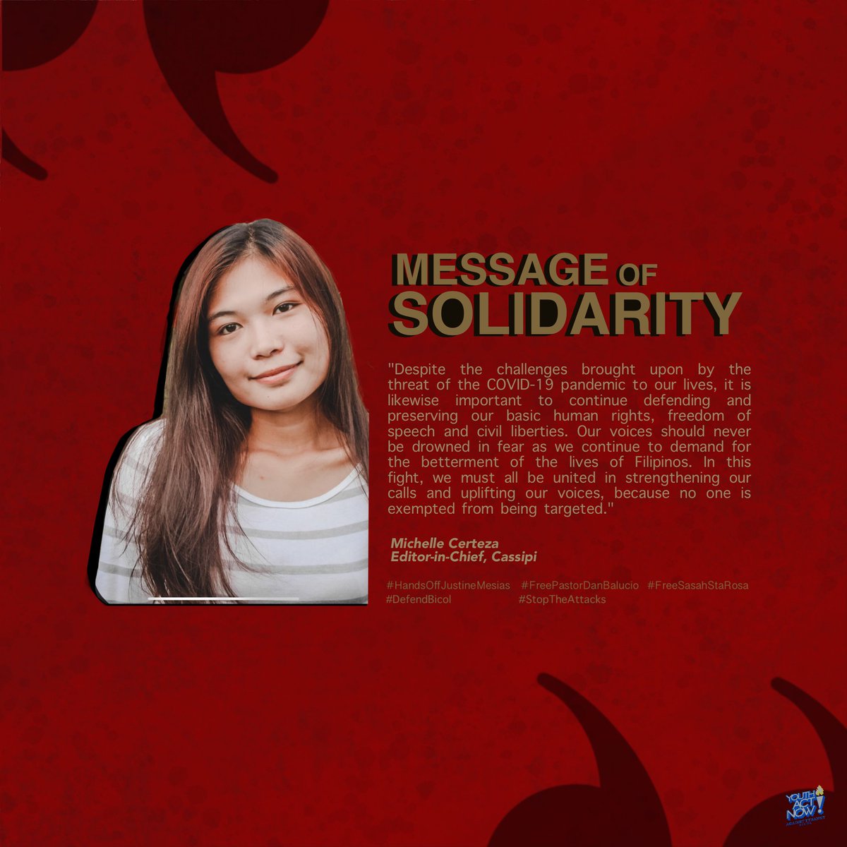 #BicolanoYouthSpeaks: Solidarity to Hands-off Justine Mesias and Free Sasah Sta. Rosa Movement Message from Michelle Certeza, the Editor-in-Chief of Cassipi READ FULL: facebook.com/10014698802857… #HandsOffJustineMesias #FreeSasahStaRosa #FreePastorDanBalucio #DefendBicol