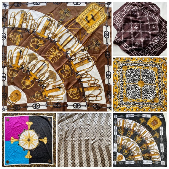 Vintage Scarf Group of 6 1990s Opulent Baroque Scrolls Novelty Art Nouveau Gold &amp; Black Silky Printed Scarf Collection by VintageScarfBox dlvr.it/S4t969