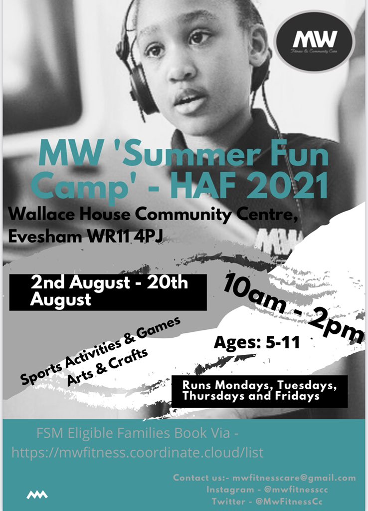 MWIMPACT's tweet image. We still have FREE spaces available for families entitled to FSM!! Come and join us at our MW ‘Summer Fun Camp’ @worcscc  Wallace House Community Centre, Evesham, WR11 4JP #mwfcc #haf2021 #kidsactivities