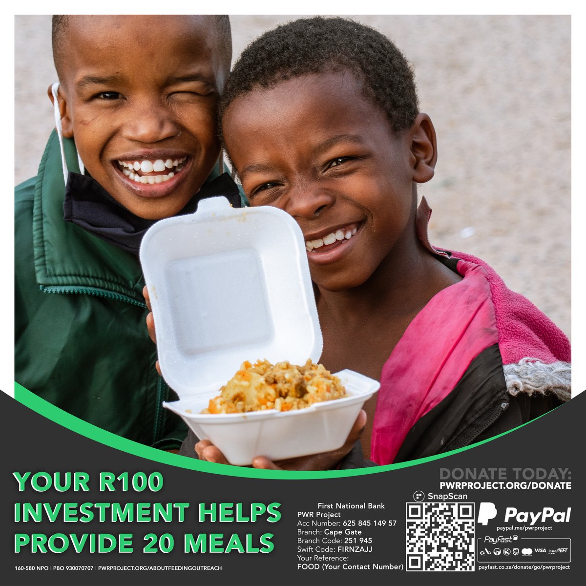 PWRProject's tweet image. Would you like to give 20 meals to those in need? R100 can assist us in doing this.

It&apos;s not only a bowl of food, it&apos;s hope from the outside world, showing these communities they belong.

Please help us reach R12 500 each month.

PWRProject.org/donate

#WesternCape #CapeTown