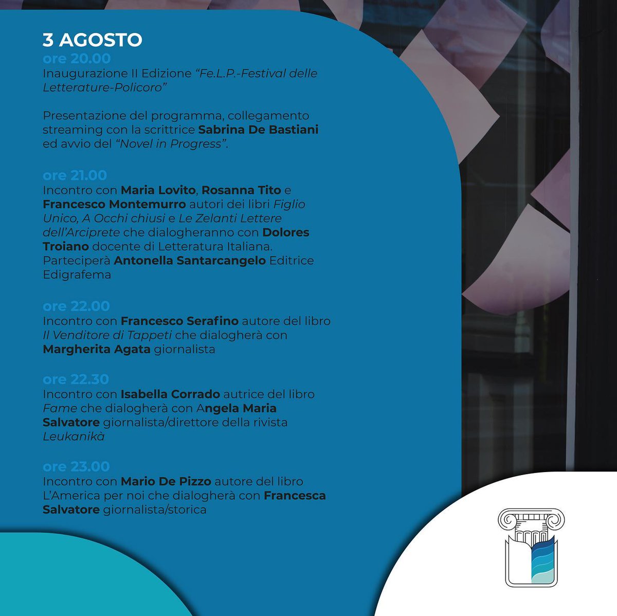 Isabellecorrado's tweet photo. Domani sera sarò al #FestivaldelleLetteraturediPolicoro insieme alla giornalista Angela Maria Salvatore.
Si inaugura un’edizione pienissima di incontri, scrittori e scrittrici. 📚

#felp21
- - 

#festivaletteratura #Policoro #scrittoriitaliani #fameromanzo #Edizioniensemble https://t.co/qHN2NhVkGO