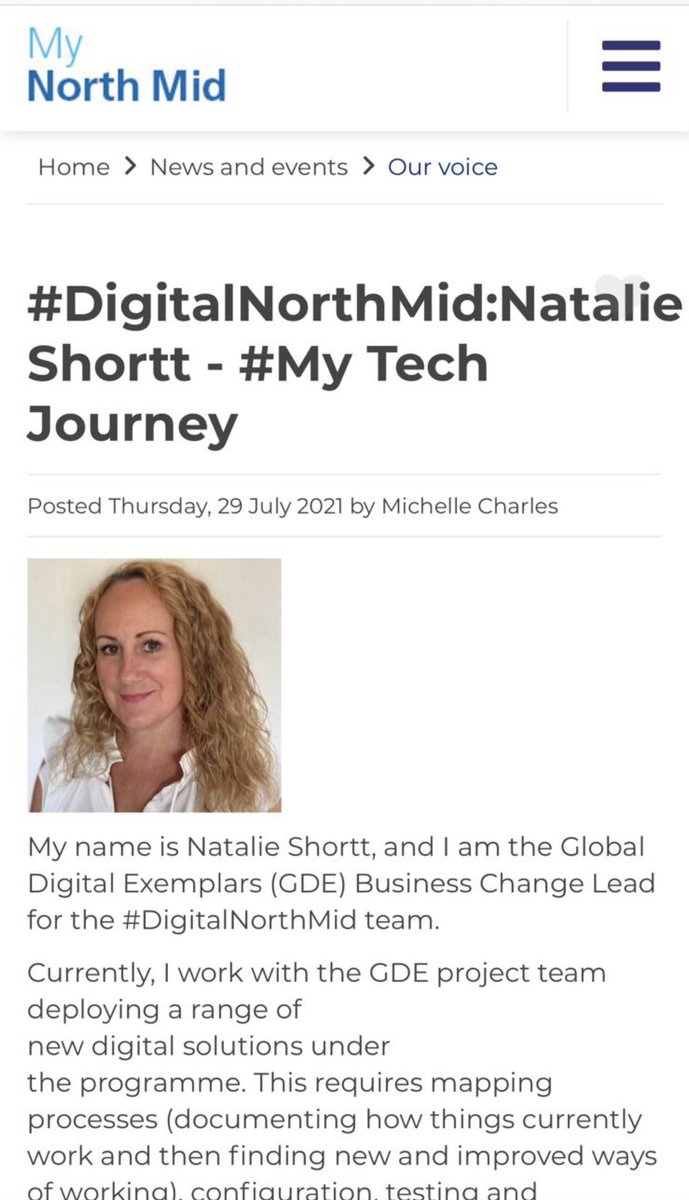DigitalNorthMid's tweet photo. The latest profile on one of our digital team…read the full article on the intranet https://t.co/XF3Iy9m5y7 @natshortt @NorthMidNHS #DigitalTransformation #womenintech #GDE @NHSX #patientsafety https://t.co/9S86SYsk6F