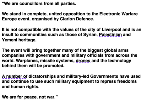mygibbo's tweet photo. The campaign against the planned Arms Fair at the ACC in Liverpool is growing.

This is the Councillors for Peace statement, issued this morning.

Join us.

@AgainstArms @CAATuk @CND_Merseyside https://t.co/g9KBhBOcpz