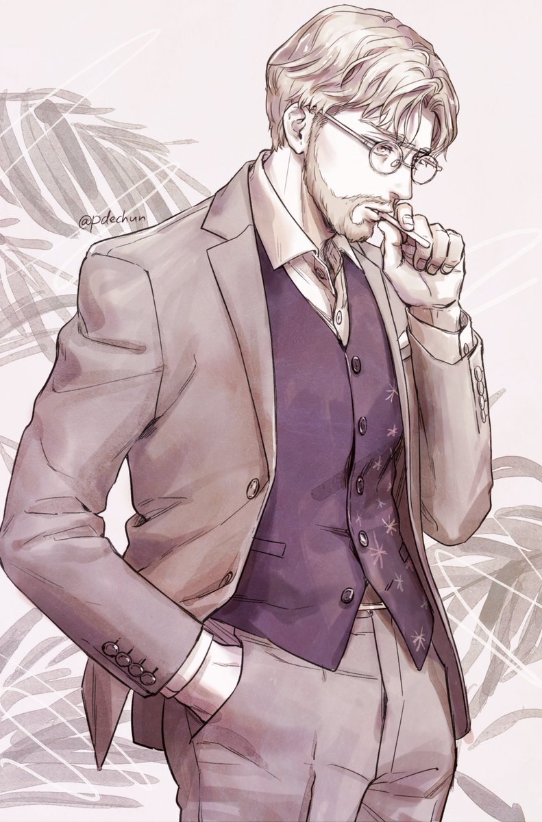 1boy male focus hand in pocket solo glasses facial hair vest  illustration images