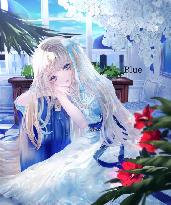 Blue Summer vacation
夏の青に染まるバカンスをイメージした
イラストです。
#暑いので涼しげな画像を貼る 
#みんなで楽しむTwitter展覧会   #創作 
