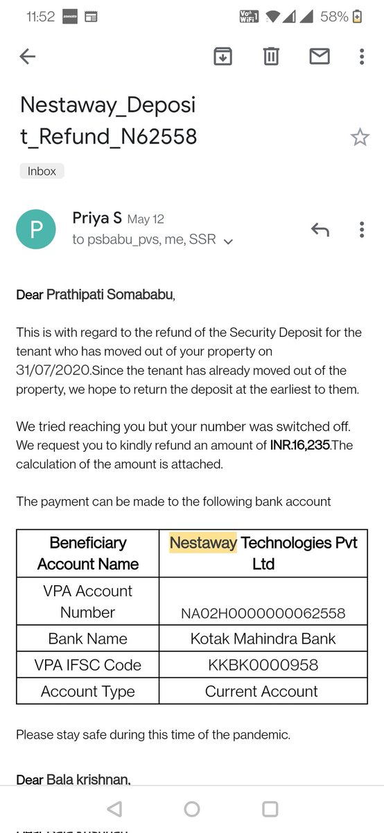 balakrishmit's tweet photo. @NestAwayCare @nestawayhomes  when will you return my deposit. Every time I ask, u just pretend to send an email to the owner. The email id does not even exist. The owner says nestaway didn't even inform that I had vacated for 3 months. Pathetic.#nestawayscam https://t.co/ho22JEcP10
