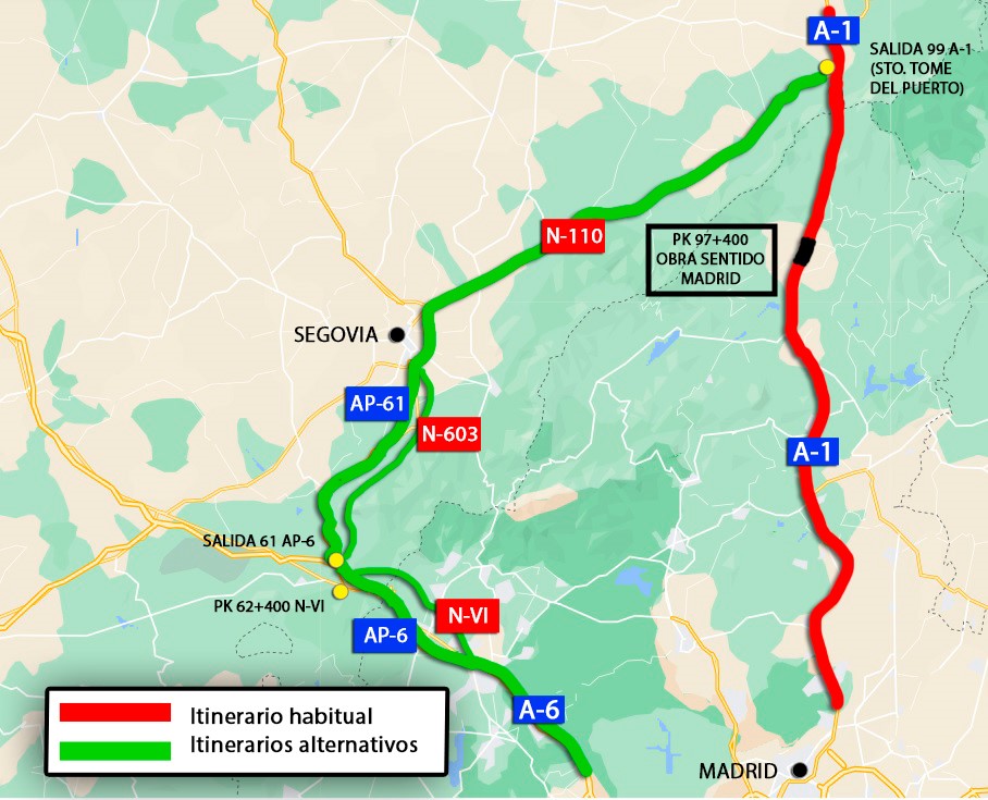 📢🚧⚫Del 2 al 13 de agosto #Corte de 2 de los 3 carriles de la #A1 entrada #Madrid por obras de <a href="/mitmagob/">Pol</a> en el viaducto de las Rades, km 97 (Puerto de Somosierra).

👉Posible desvio en #A1 Santo Tomé del Puerto pk 99 por #N110 a Segovia y posteriormente a Madrid.