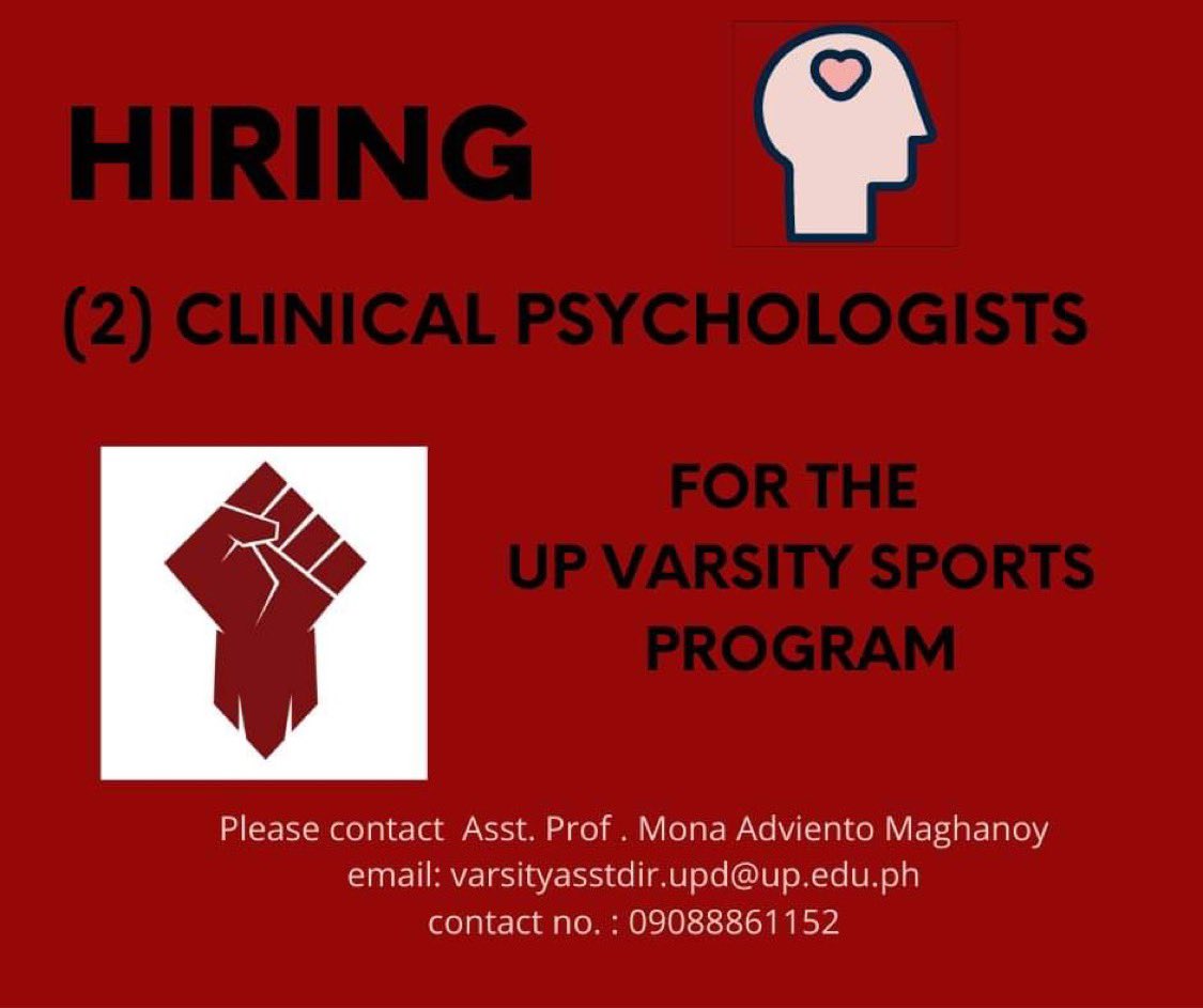 If you know any clinical psychologists, or if any of you are one, the UP Varsity Program is looking for 2 clinical psychologists

This is  for a non - UP contractual for 8 months. Consultancy capacity, they just need to commit 2 whole days to meet student Athletes who need help