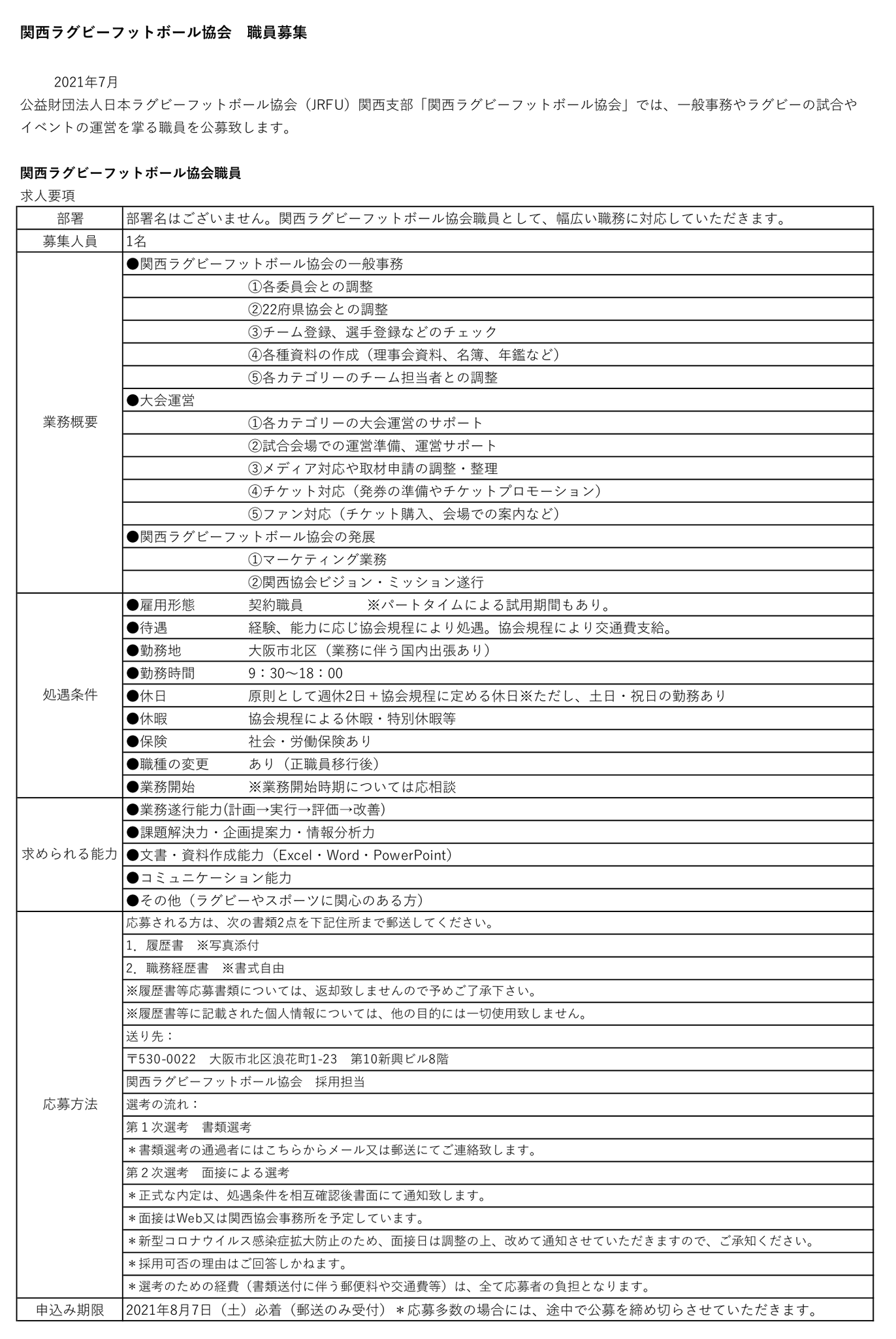 関西ラグビーフットボール協会 On Twitter お知らせ 関西ラグビーフットボール協会 職員公募のお知らせ 詳しくは Https T Co Qcbsi8slou 申込み期限 8 7 土 必着 郵送のみ受付 ラグビー スポーツ求人 求人 転職 求人募集 スポーツビジネス 中