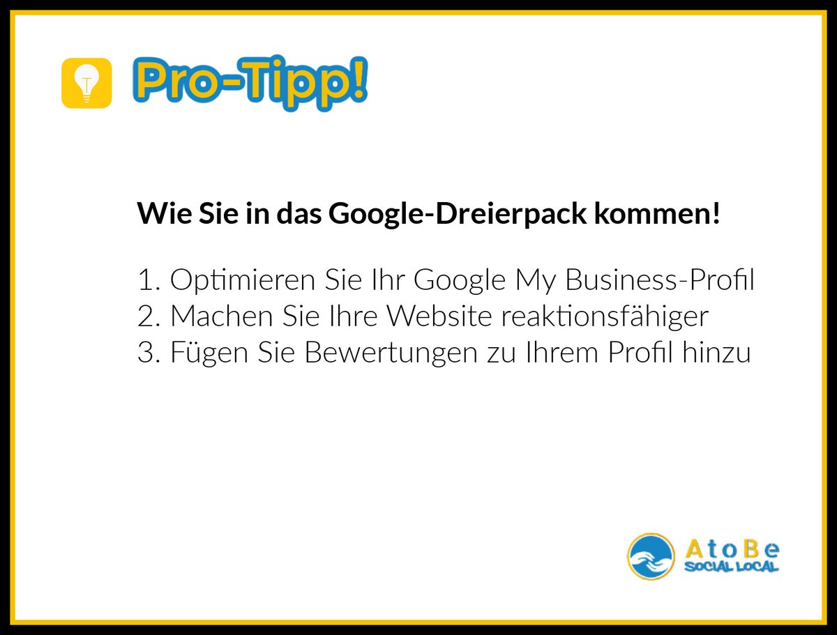 atobesocial's tweet photo. Möchten Sie erfahren, wie Sie in das Google-Dreierpack kommen? Hier sind ein paar Tipps, um Ihr Unternehmen so zu optimieren, dass es in den begehrten Top drei auftaucht: https://t.co/aGoerr1Vin