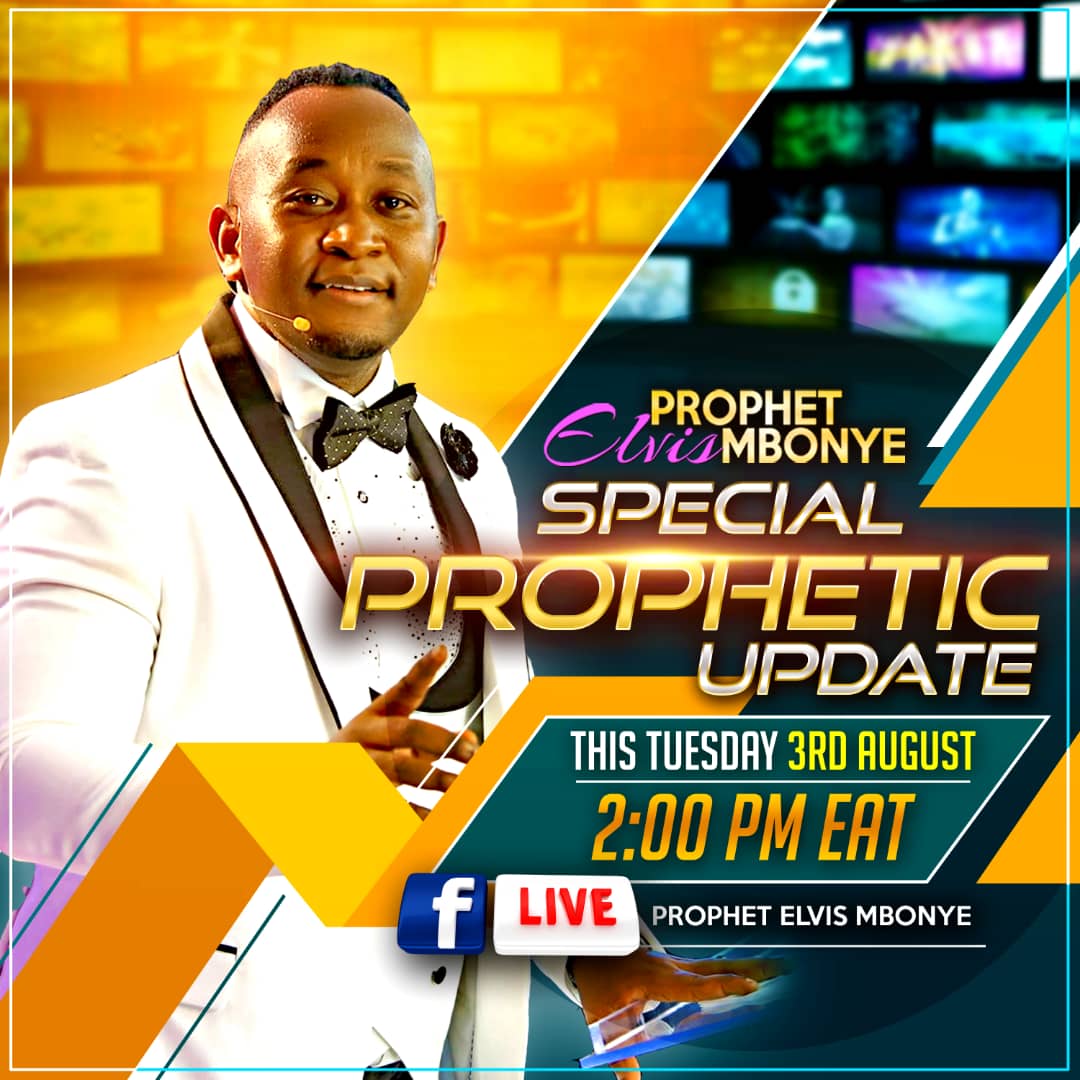 Prophet_elvis's tweet photo. SPECIAL PROPHETIC UPDATE! Prophet Elvis Mbonye live on Facebook this Tuesday August 03, 2021 at 2:00 pm East African Time (EAT)!! Do not miss it. 
#ProphetElvisMbonye https://t.co/abFUzcGxEF