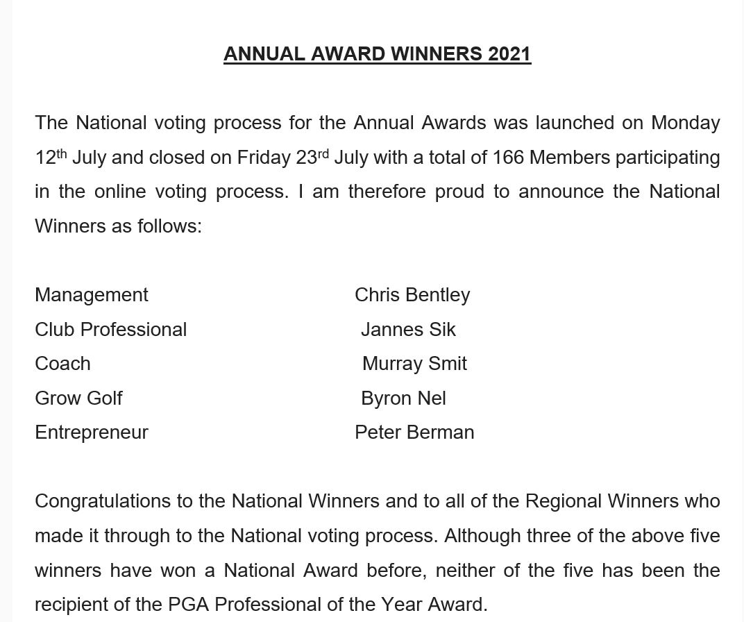 Congrats to the National PGA of SA Award Winners. You all lead from the front!