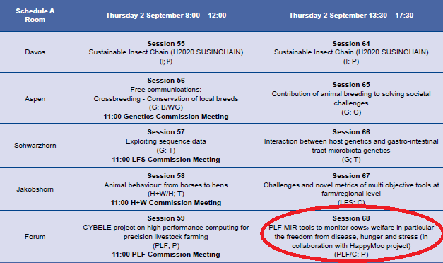 Let's meet at <a href="/EAAP2021/">EAAP2021 Davos</a> session 68 🌄! On September 2nd (13:30-17:30), a session entitled "PLF MIR tools to monitor cows' welfare, in particular the freedom from disease, hunger and stress" will be held in collaboration with <a href="/HappyMooProject/">HappyMoo</a> and chaired by Nicolas Gengler 🤩