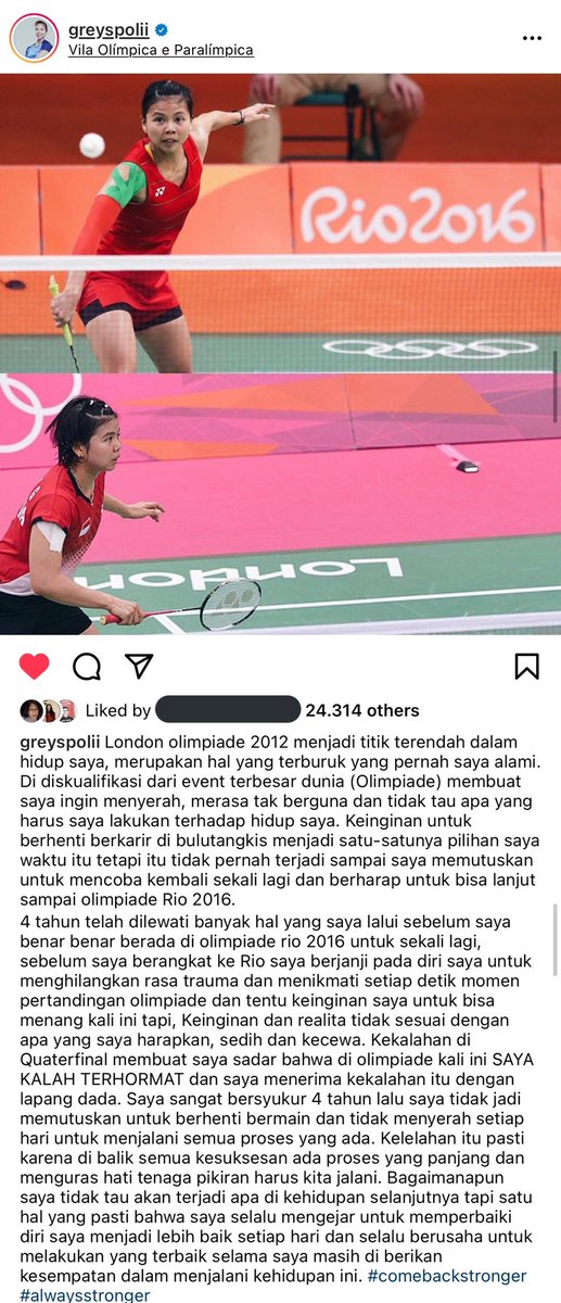 I’m so happy she didn’t quit. Merinding baca postingan Greysia Polii yang ini 👏🏻👏🏻💝