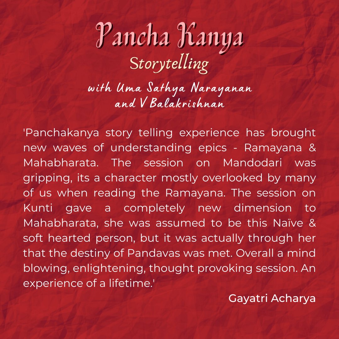TheatreNisha's tweet photo. We have been receiving some rave reviews for our previous storytelling sessions! Review 1 for the #PanchaKanya storytelling.
Register with us to be a part of #Accursed 
Tales of #curses from the #Mahabharata

#HinduMyth #OralTradition #Passingonstories #Traditions #culture https://t.co/eAydUP9mF1