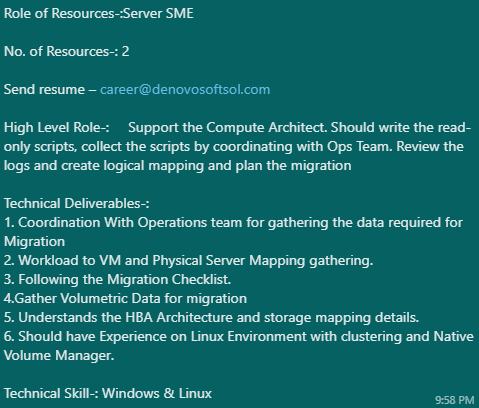 denovosoftsol's tweet image. Role of Resources-:Server SME

No. of Resources-: 2

Send resume – career@denovosoftsol.com

#windowsSME #linuxSME #SMEserver #Servermapping #HBAarchitecture #VMserver #linuxenvironment #jobopenings