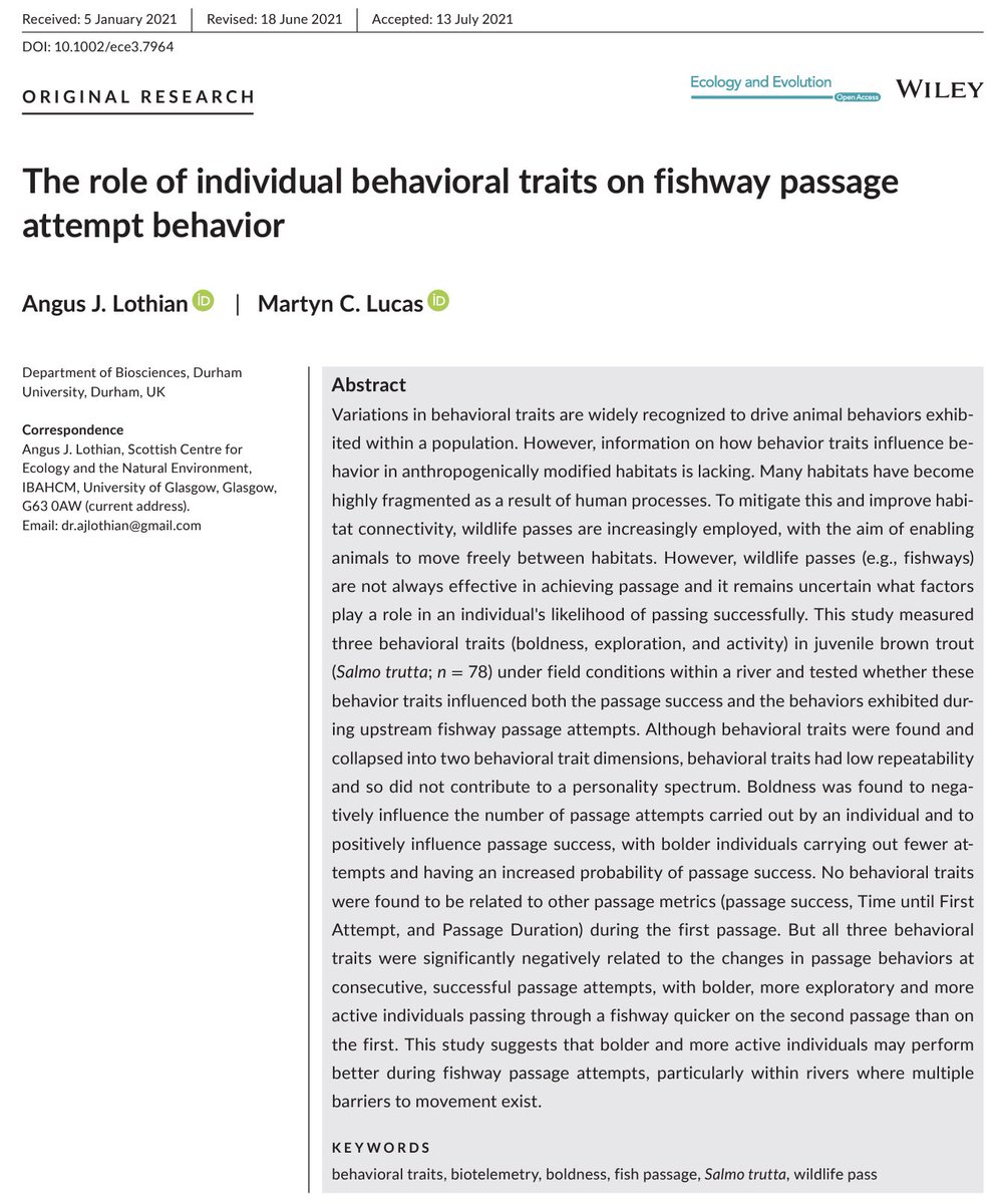 Our latest research on the role of behaviour traits on fishway passage performance in trout is now out! Check out the #openaccess paper here: onlinelibrary.wiley.com/doi/full/10.10…. #fishsci #trout #animalbehaviour <a href="/durham_uni/">Durham University</a> <a href="/DurBiol/">Durham BioSciences</a> <a href="/DurUni_Aqua_Lab/">Durham Uni Aquatic Animal Ecology Lab</a>