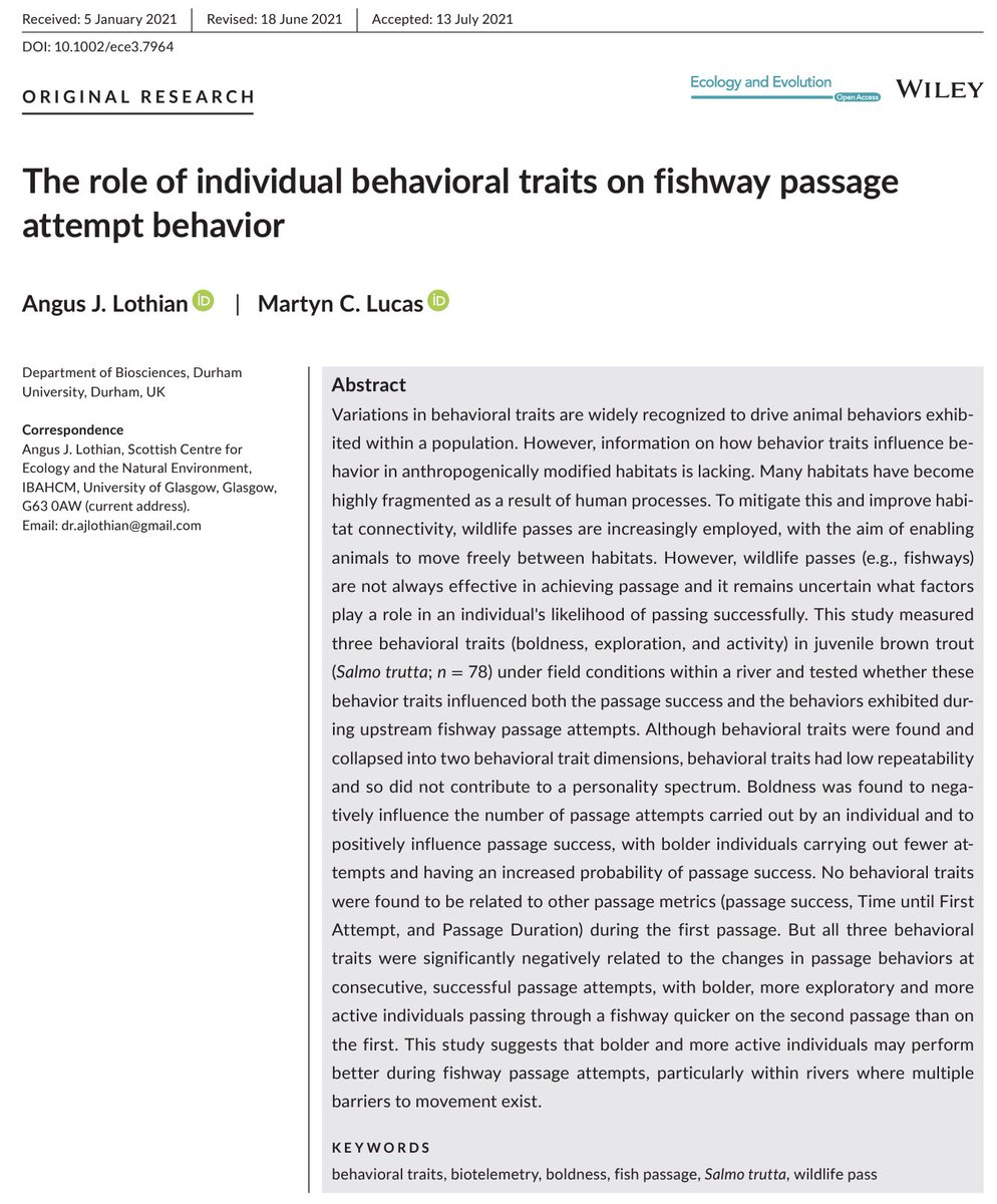 Our latest research on the role of behaviour traits on fishway passage performance in trout is now out! Check out the #openaccess paper here: onlinelibrary.wiley.com/doi/full/10.10…. #fishsci #trout #animalbehaviour @durham_uni @DurBiol @DurUni_Aqua_Lab