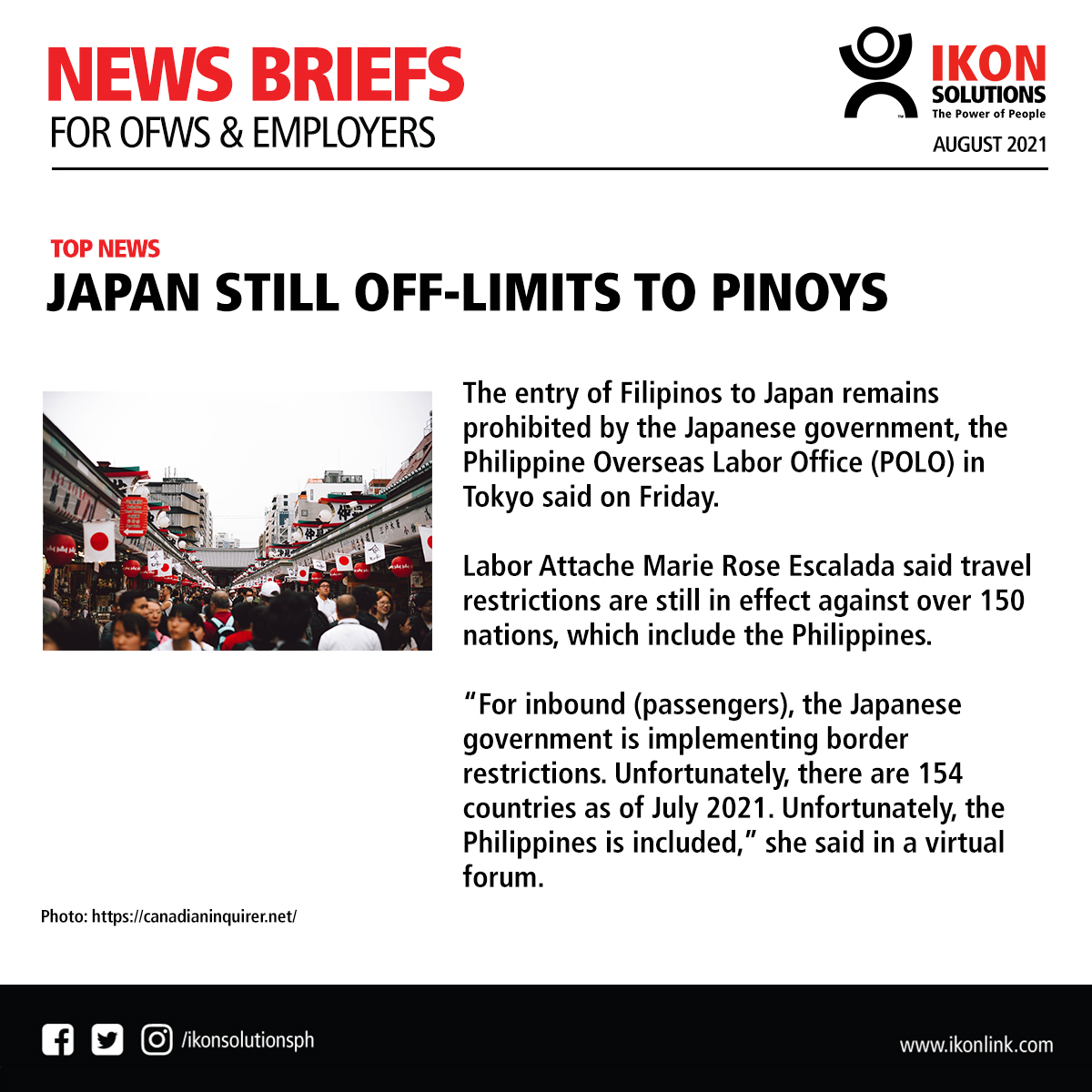 ikonsolutionsph's tweet photo. News: https://t.co/1lM0n4Hkvn

MANILA – The entry of Filipinos to Japan remains prohibited by the Japanese government, the Philippine Overseas Labor Office (POLO) in Tokyo said on Friday.

Article Source:
https://t.co/1lM0n4Hkvn https://t.co/oCiiJNo88L