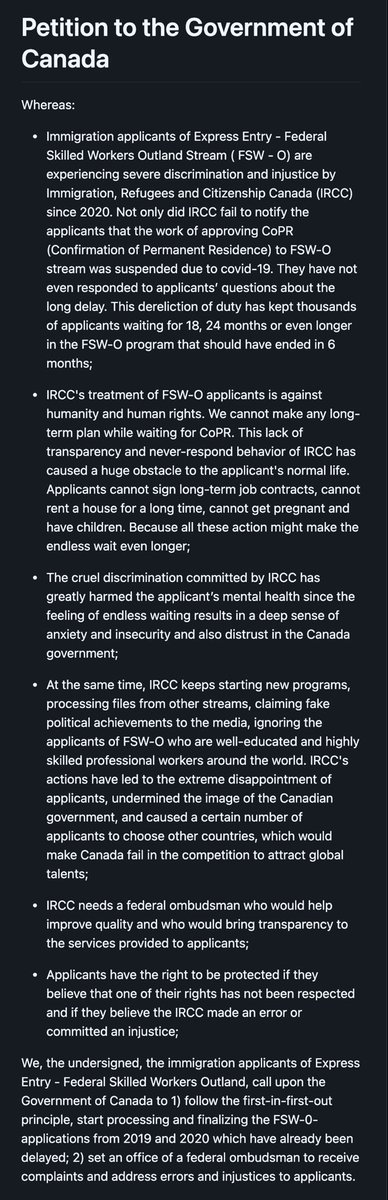 SrollLet's tweet image. I wrote a draft of petition, welcome to add and modify here github.com/MOMOKO606/Peti…

Canadian friends are also welcome to post it on the website of the House of Commons. Thanks !

@JustinTrudeau @HoCCommittees @OurCommons
@hrw @CdnHumanRights 
@CTVNews 

#clearFSWbacklog