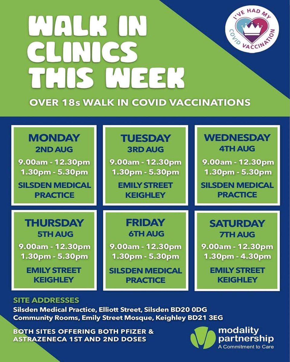 Good morning everyone 

Here is this week's covid vaccine walk in clinics for over 18 year old 😀

#covidvacccine #walkinclinics #modality