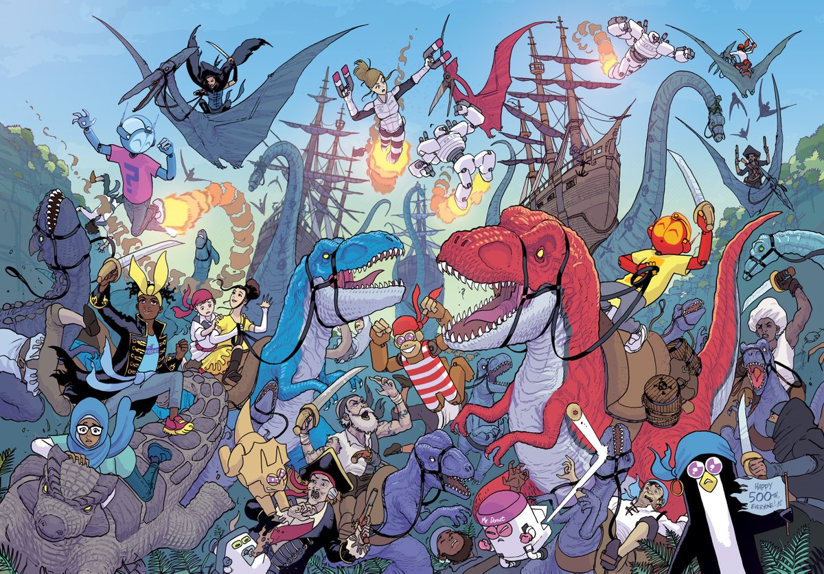 neillcameron's tweet photo. Here is my Mega Robo Bros X Pirates of Pangaea Mashup Poster from @phoenixcomicuk #issue500! I just wanted to draw something to say thank you to all our readers, past and present, to *anyone* who's supported us all along the way. Anyway, this was my way of doing that.β€οΈ https://t.co/4acUj30VLE