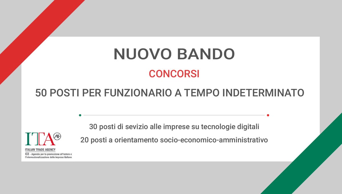 🔈Aperto il bando per 50 posti a tempo indeterminato in #ICE!
Consulta i documenti e scopri se hai tutti i requisiti necessari per entrare a far parte del nostro #team. 
🗓 Hai tempo fino al 30 agosto per iscriverti ➡️ bit.ly/3fiOkpK