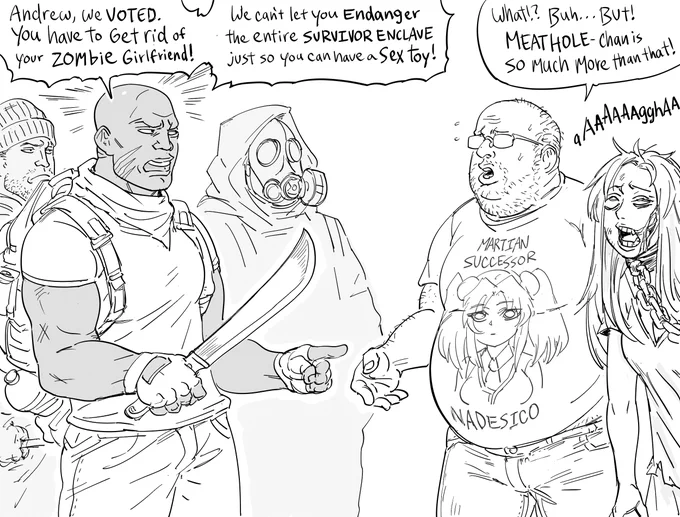 A patron was kind enough to gift me a "draw what you want" ticket, so I'm working on my comic ideas backlog file.

I strongly believe the Zombie Apocalypse setting has been bled dry (both for story and gameplay, in the case of games) and creators need to take a break from it. 