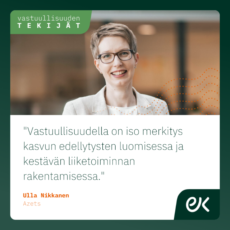 Elinkeinoelama's tweet photo. "Azetsin kaltaisessa asiantuntijaorganisaatiossa suuri merkitys vastuullisuuden toteutumiselle on se, miten voimme yhdessä asiakkaidemme kanssa edistää vastuullista toimintaa", summaa @AzetsFinland toimitusjohtaja Ulla Nikkanen #VastuullisuudenTekijät -juttusarjassamme.